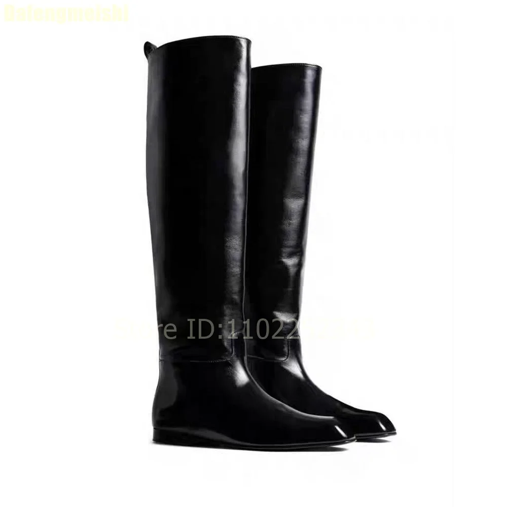 Black Leather Knee High Boots Women Fashion Square Toe Flat Heel Knight Boots Comfortable Slip-On Casual Footwear Plus Size35-43 image 4