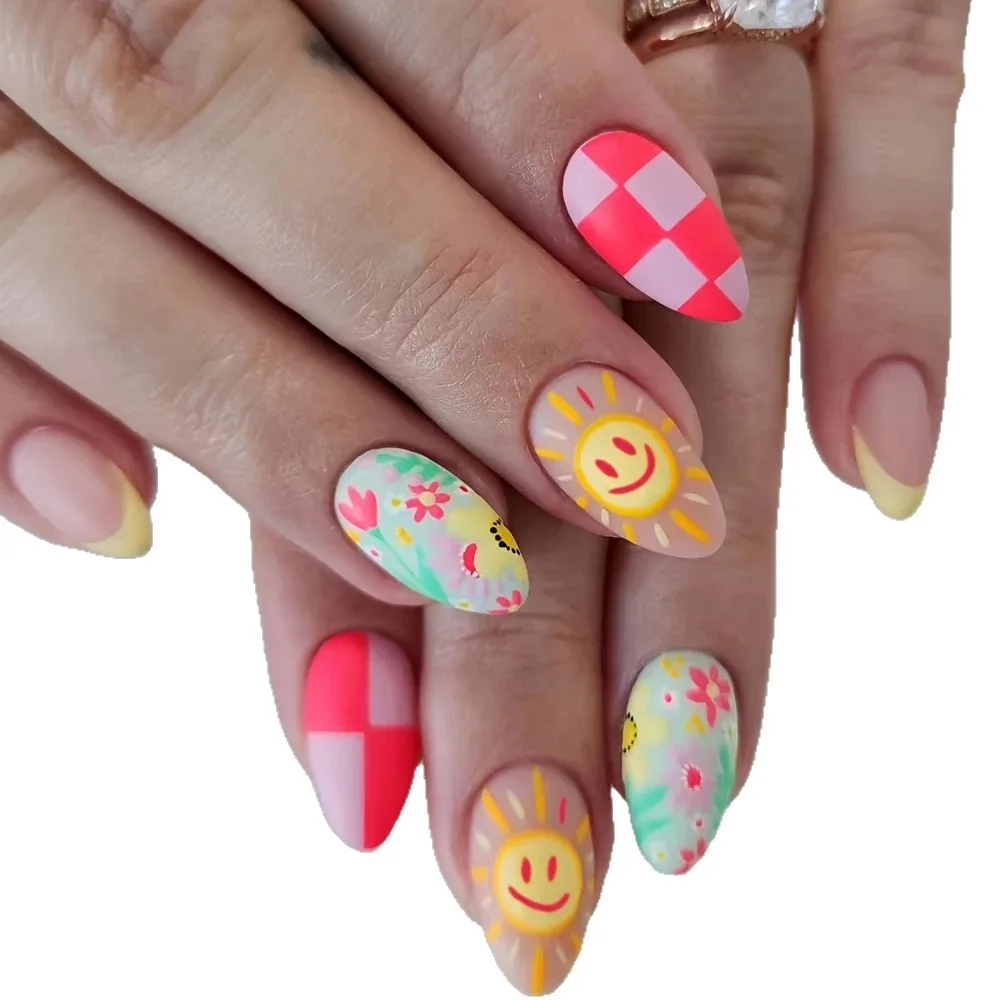 2026 New Minimalist Nail Art Collection: Sweet and Cool Plaid Cartoon Mid-Length Almond-Shaped Wearable Nails