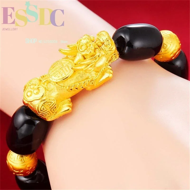New Style Trendy Natural Black Onyx Bucket Beads with Lucky Sand Gold Pixiu Charm Bracelets for Women and Men Wholesale