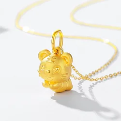 18k Pure Gold Color Solid Cute Tiger Necklace Pendant for Women Lucky Yellow Gold Chain Necklaces Valentines Fine Jewelry Gifts