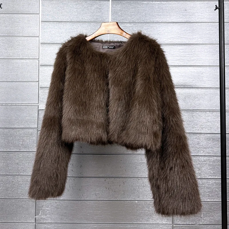 

Women's Faux Fur Long Sleeve Round Neck Coat for Spring and Autumn Solid Color Jacket for Casual and Party