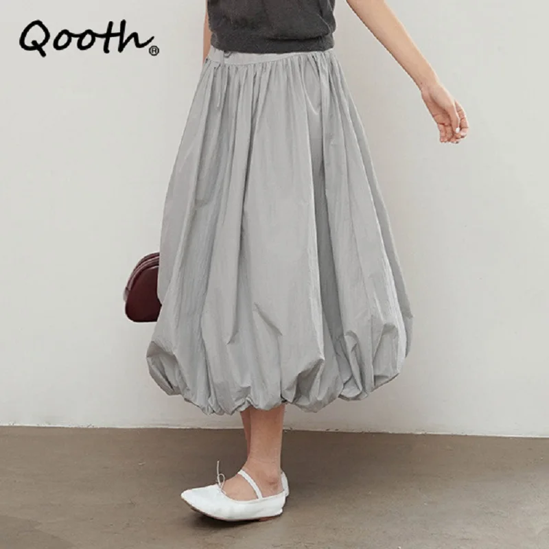 Qooth Women Casual Solid Color Long Lantern Skirt With Pocket Personality Elastic Waist Flower Bud A-line Skirt QT2307