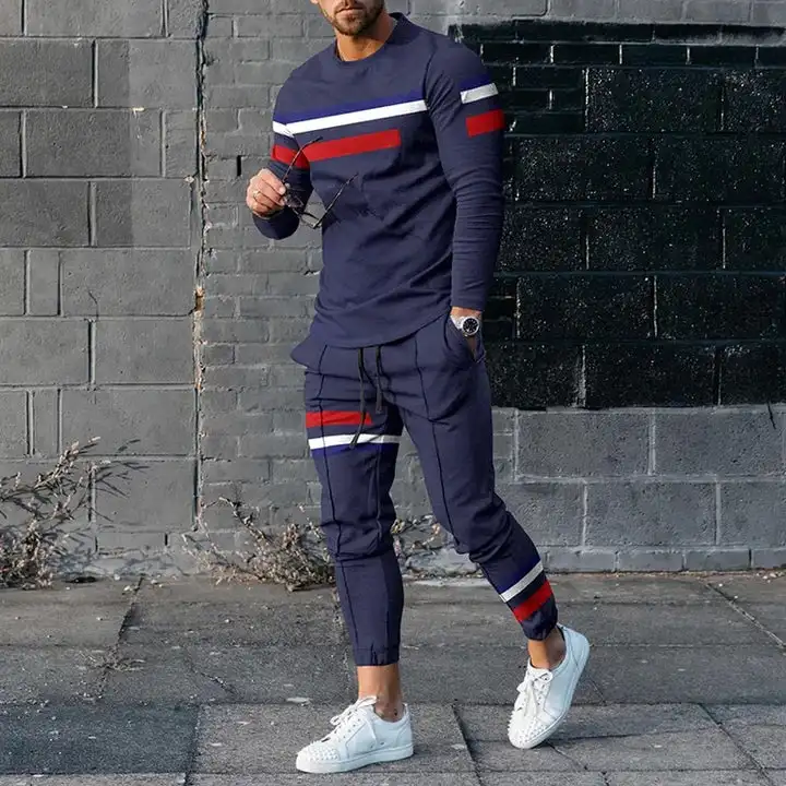 Sweatshirt Suit Men\'s Striped 3D Printed Simple All-in-one Sweatshirt Suit Spring Autumn Jogging Roundneck Sweatshirt And Pants