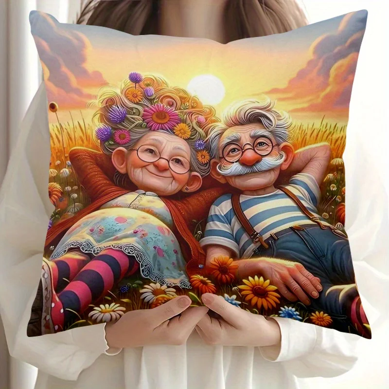 1pc Romantic Grandma & Grandpa Sunset Flower Field Print Throw Pillow Cover,Suitable for Sofa,LivingRoom,a Warm Gift for Seniors