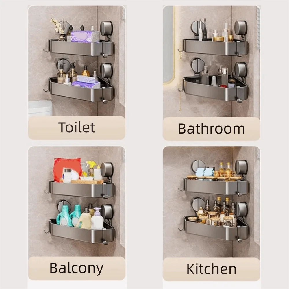 

Угловая полка-органайзер на присосках без сверления, треугольная, с большой вместимостью, экономит место, нержавеющая, с крючками