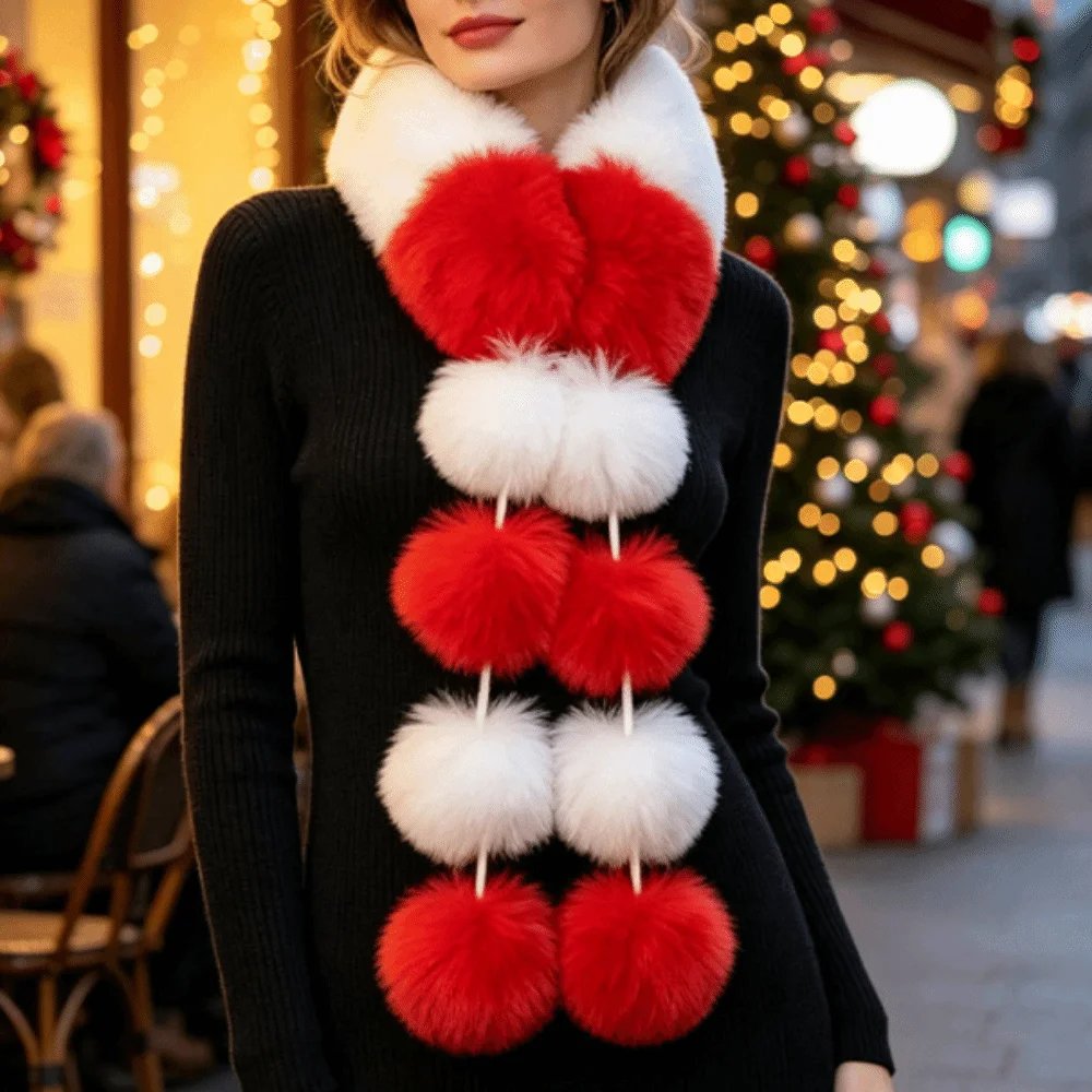 Long Faux Plush Christmas Scarf Windproof High-End Feel Warmth Magnetic Scarf Pom-Pom Decoration Warm Cover Women Fashion Scarf