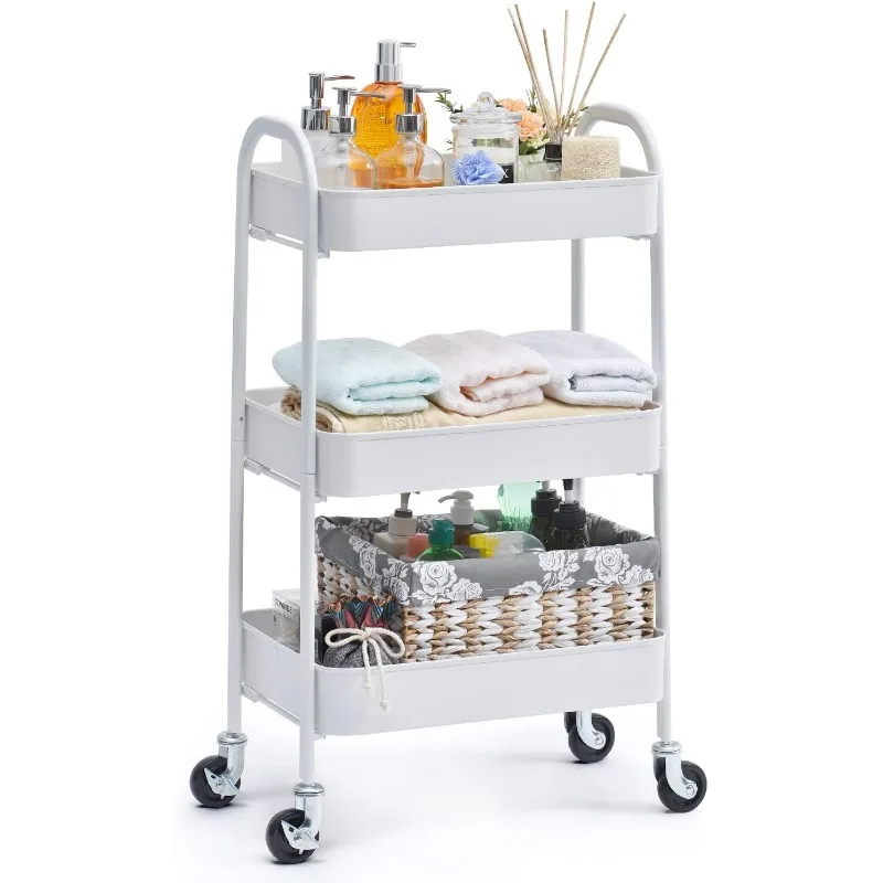 

3 Tier Rolling Cart, No Screw Metal Utility Cart, Easy Assemble Utility Serving Cart, Sturdy Storage Trolley with Handles