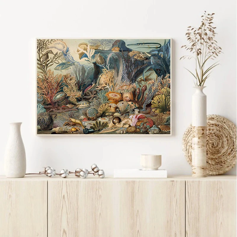 Antique Ocean Animals Underwater Landscape Artwork Biology Marine Life Poster Canvas Painting Wall Art Pictures Home Decor