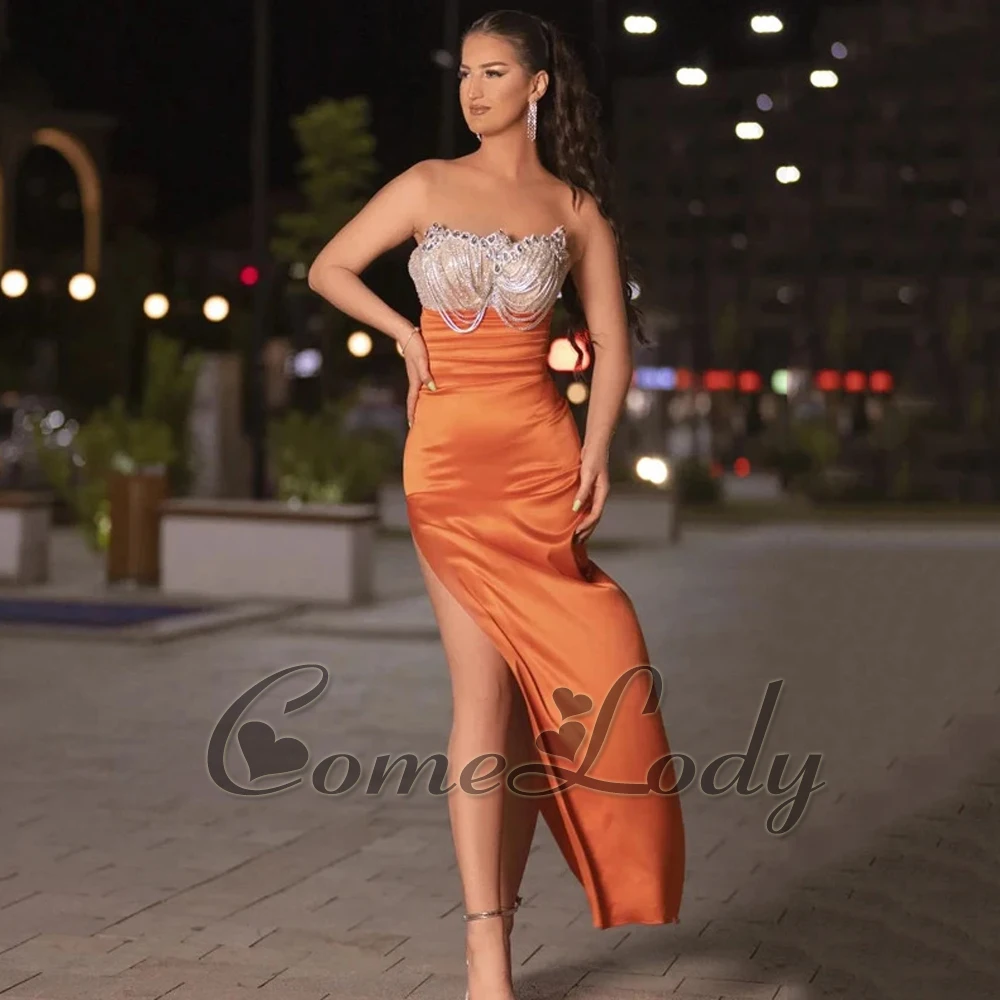 

Comelody Trendy Graduation Dresses for Girls Satin Strapless High Slit Zipper Mermaid Rhinestones Robes De Soiree Custom Made