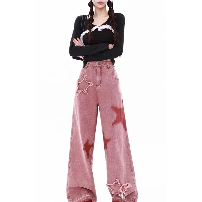 Roze Jeans Met Hoge Taille Bedrukt Amerikaanse Street Wijde Pijpen Hiphop Mode Retro Straight Y 2K Winterbroek