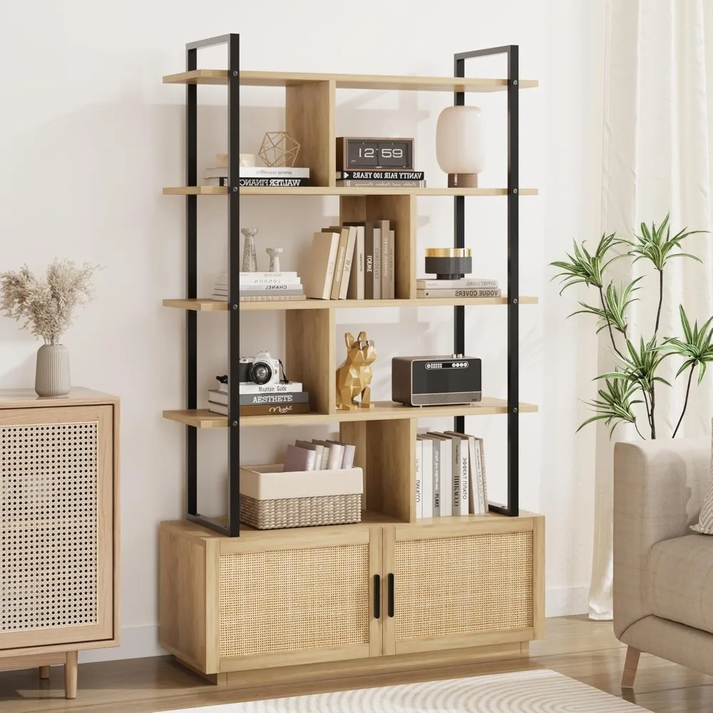5 Tier Rattan Bookshelf with Storage Cabinet & Door, 71.1 Inch Tall Industrial Book Shelf with Open Display Shelves