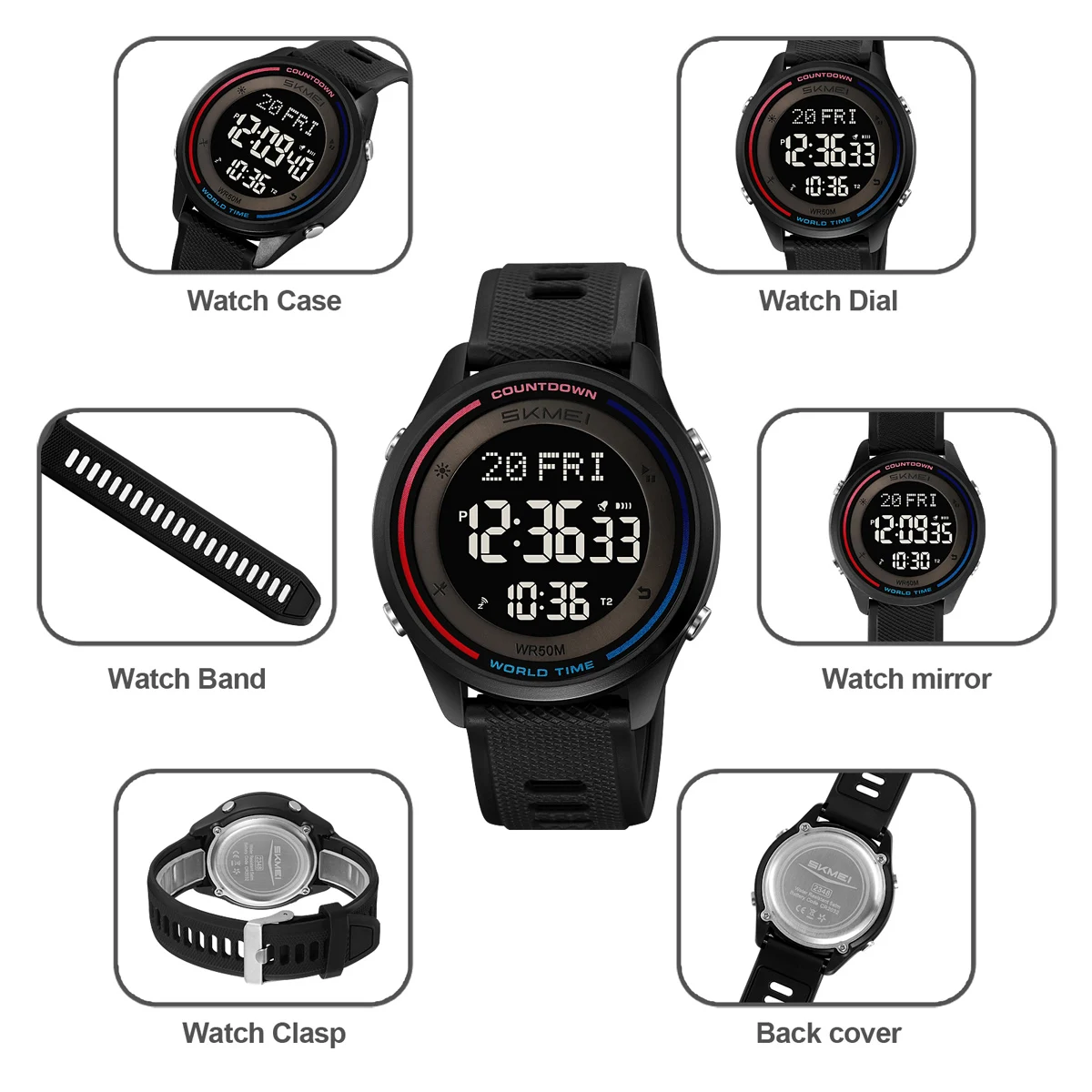 SKMEI Fashion Digital Wristwatches For Men Women Outdoor Waterproof World Time Clock Watches Sports Military Watch Reloj Hombre