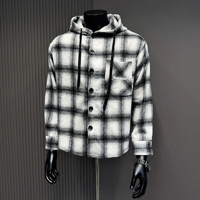 

Клетчатая шлифовальная утепленная рубашка с капюшоном, куртки, весенне-осенняя одежда для мужчин и женщин, уличные повседневные свободные рубашки V-образной формы, блузки, топы