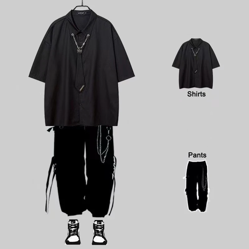 ARENS Techwear Men's Sets Black Cargo Pants Men's Shirt Kit Short Sleeve Shirts Tie Korean Streetwear Hip Hop Harajuku Spring