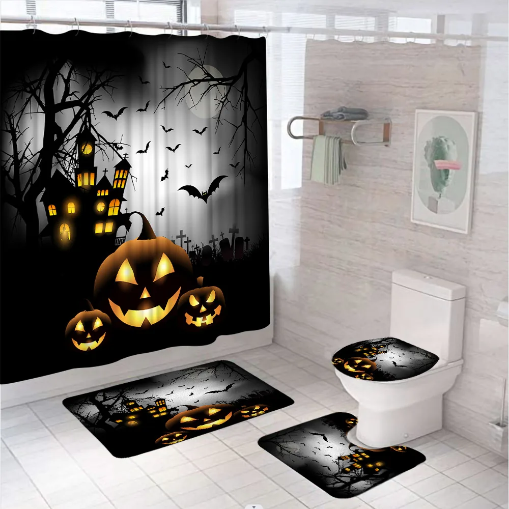 

4Pcs Halloween Decor Bathroom Shower Curtains Set Horror Cemetery Pumpkin Bat Old Castle Non-Slip Bath Mat Rug Lid Toilet Cover