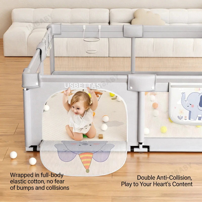 Cute Elephant Baby Playpen | 65cm Safety Fence with Storage Bag & Basketball Hoop | Eco-Friendly Toddler Play Yard with Gift Set
