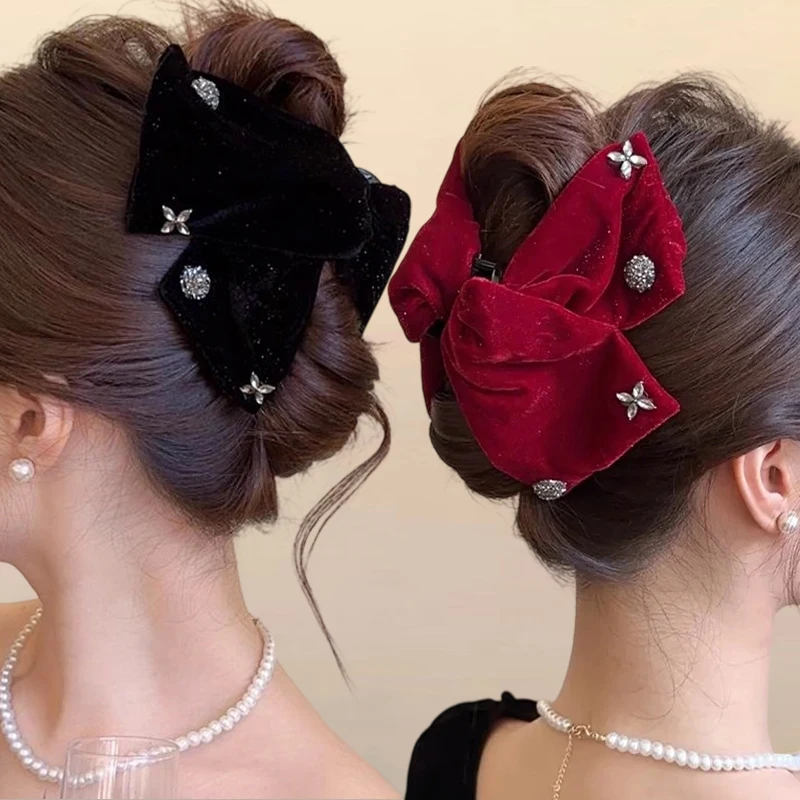 

Elegant Velvet Bowknot Ponytail Claw Korean Cute Hairpin Anti-Slip Grip Design Thick Hair Fashion Hair Clip for Sweet Women Girl