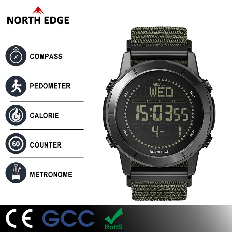 North Edge Litecore Men's Digital Watch Sports Outdoor Compass Pedometer 50M Waterproof Military Tactical Wristwatch Men's Alarm