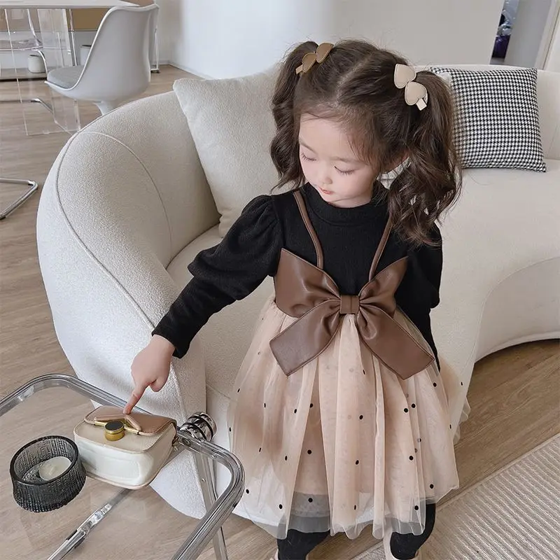 Spring Autumn Fashion High Collar Long Sleeve Fake Two Pieces Children's Clothing Casual Versatile Western Korean Girls Dresses