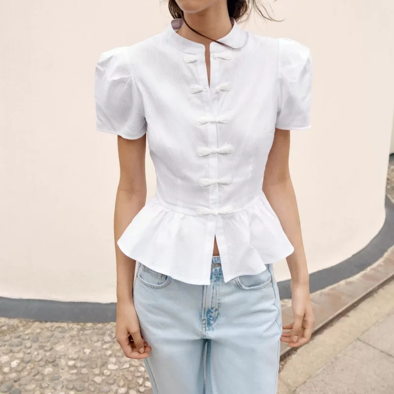 New 2026 Early Autumn White Short Sleeve round Neck Rope Buckle A-Line Shirt Women's Fashionable Breathable Skin-Friendly