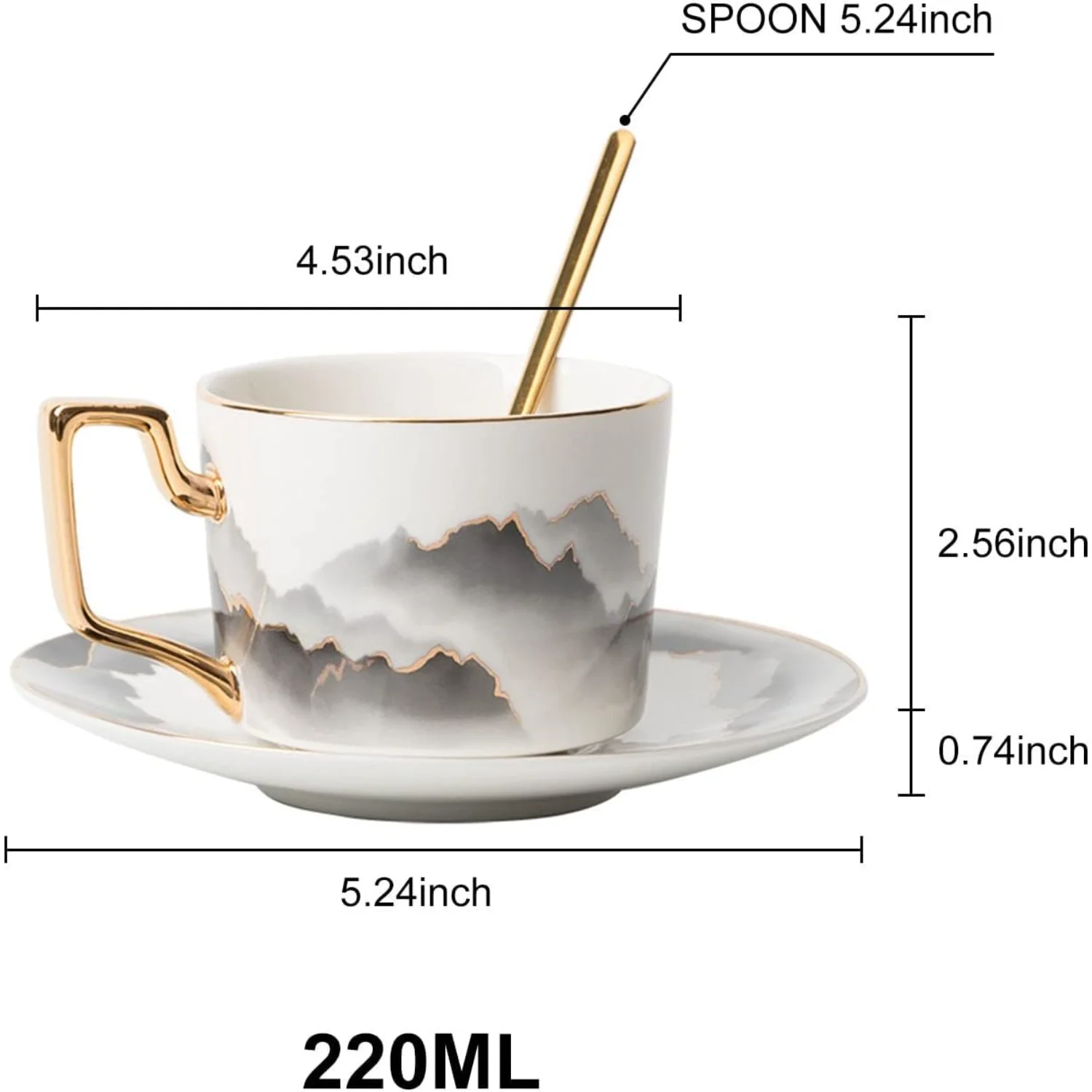 Chinese Landscape Painting Pattern Coffee Cup and Saucer Set with Gold Spoon, 8oz - Porcelain Mug for Perfect Morning Coffee rit