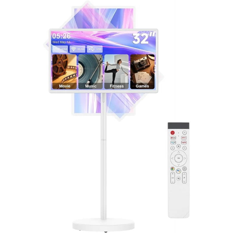 Televisor Portátil Inteligente de 32 Pulgadas, Monitor con Pantalla Táctil FHD sobre Ruedas, Control Remoto por Voz, Pantalla Móvil Inalámbrica, 360 °   Swivel Ro