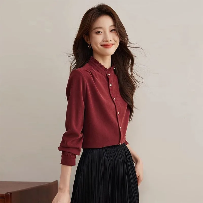 Gebürstetes Hemd im französischen Hofstil für Damen im Herbst und Winter mit Stehkragen-Ohrring-Design und langärmeligem, elegantem Oberteil
