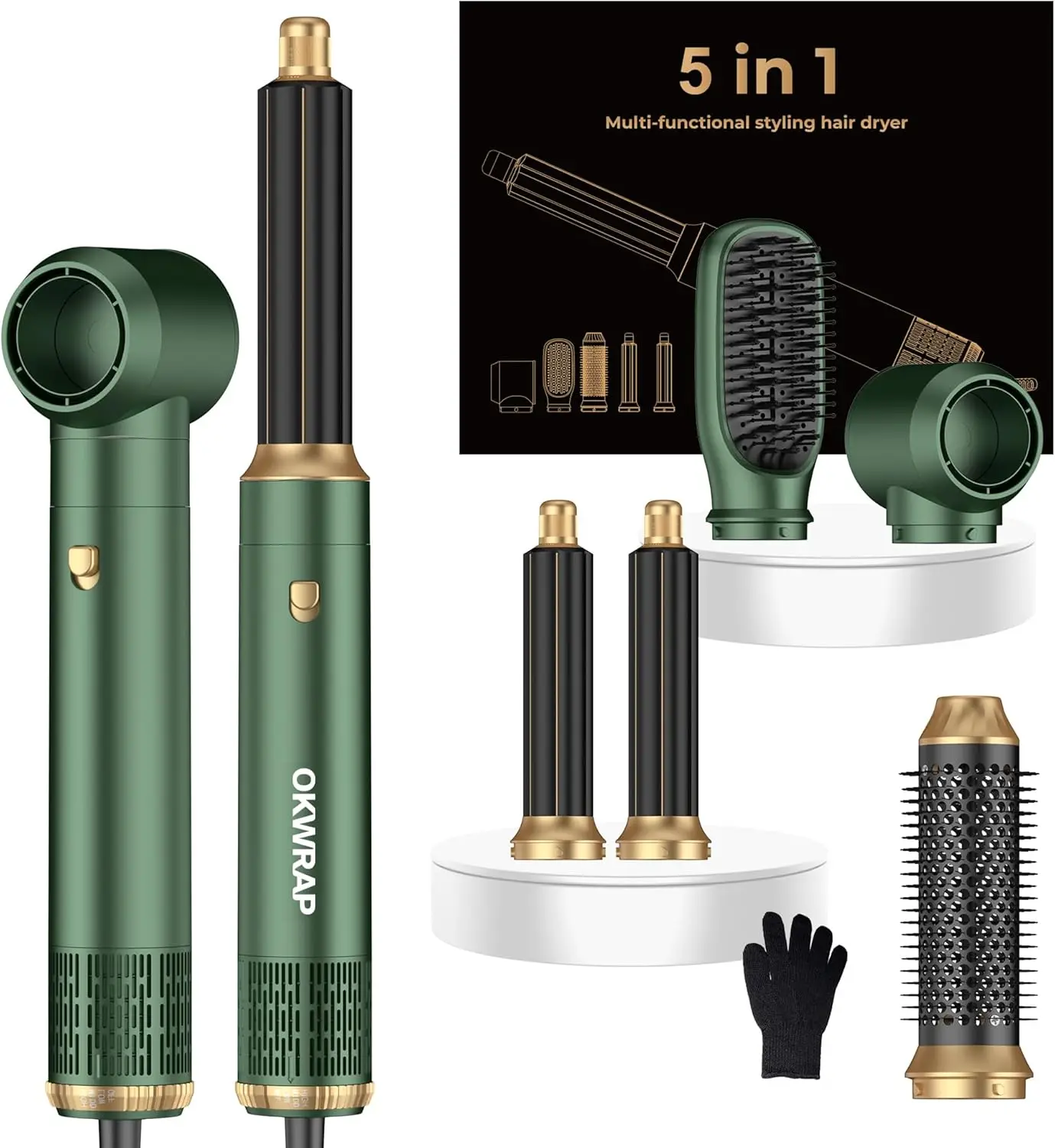 

5-in-1 Hair Dryer Brush Set, Ionic Hot Air Styler, Auto-Wrap Curlers, 100-120V