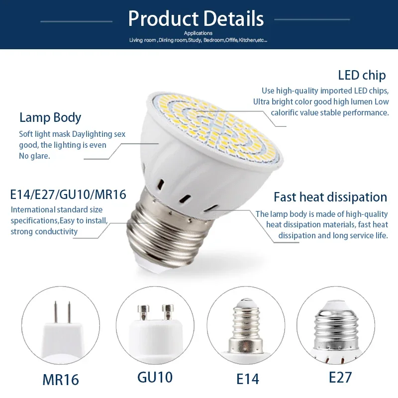 Imagem -04 - Smd Led Lâmpada de Iluminação Interior Spotlight Lâmpada ac 220v 110v 48 60 80leds Gu10 Mr16 E27 E14 10 Pcs por Lote