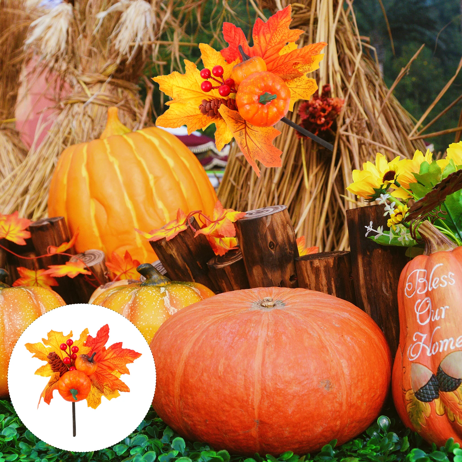 

2Pcs Pumpkin Maple Leaf Simulation Harvest Garden Stakes Autumn Decoration Halloween Plug-in Fall Seasonal Decor