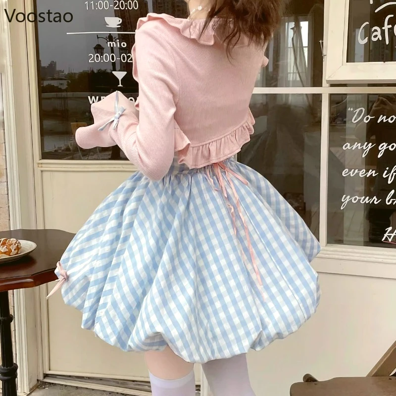 Japanese Kawaii Lolita Style Dress Set Women Sweet Crop Cardigan Tops Bow Plaid Strap Dresses Suit Elegant Y2k Two Piece Sets