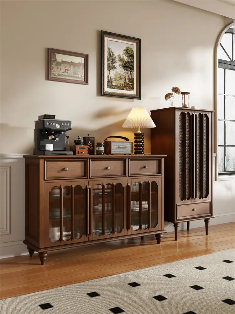 American medieval solid wood dining side cabinet tea  2025 new living room wall storage retro coffee