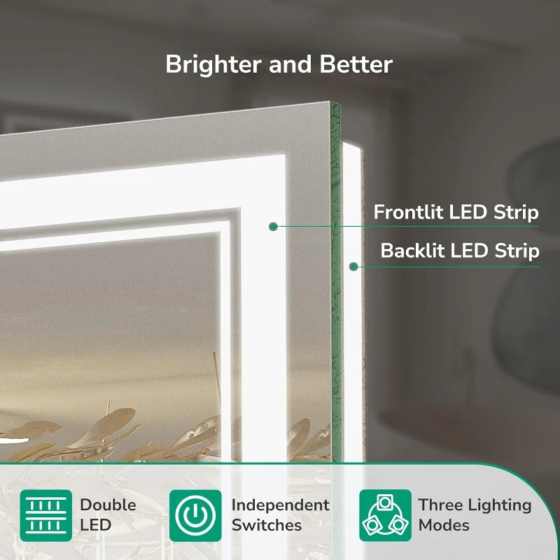Cermin LED Kamar Mandi 24X32 dengan Lampu, Lampu Depan & Lampu Latar Kontrol Terpisah, Cermin Menyala Kamar Mandi dengan 3 Warna Steple
