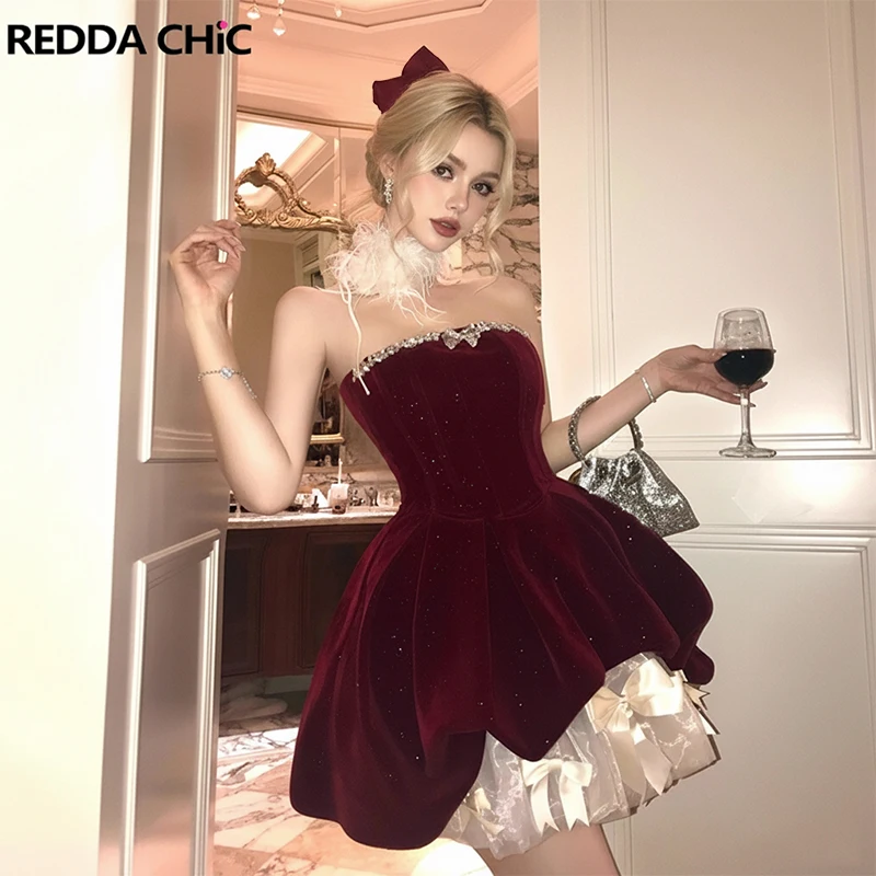 REDDACHiC Xmas Velvet Party Dress with Petticoat Glitter Bandeau Bow Pleated Puffy Mini Dress Cutecore Princess Birthday Clothes
