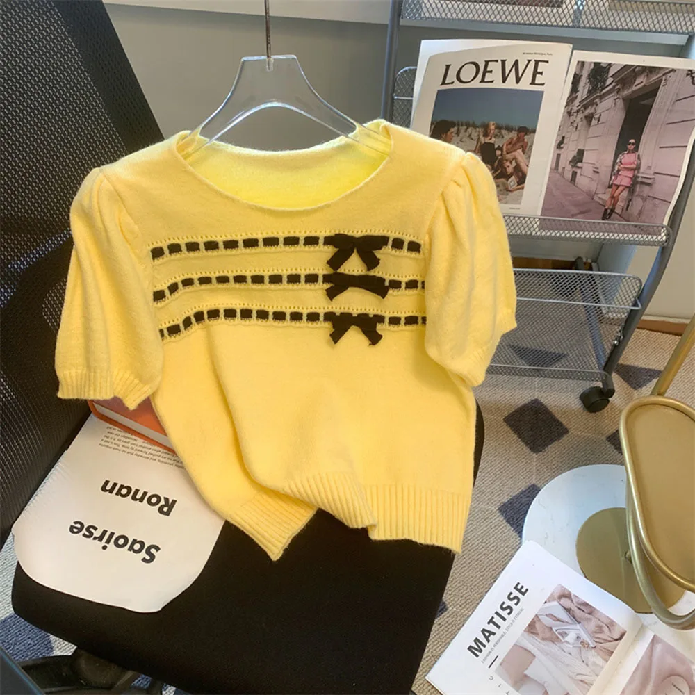 女性用フレンチボウ半袖ニットTシャツ,ショートトップス,パフスリーブのプルオーバー,セーター,夏のノベルティ2022