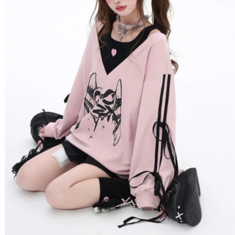 Y2K Harajuku Sexy Black Pink Off Shoulder 2 Piece Layered Cutout Sweatshirt Tops For Women Girls Bow Print Loose Fit Daily Wear