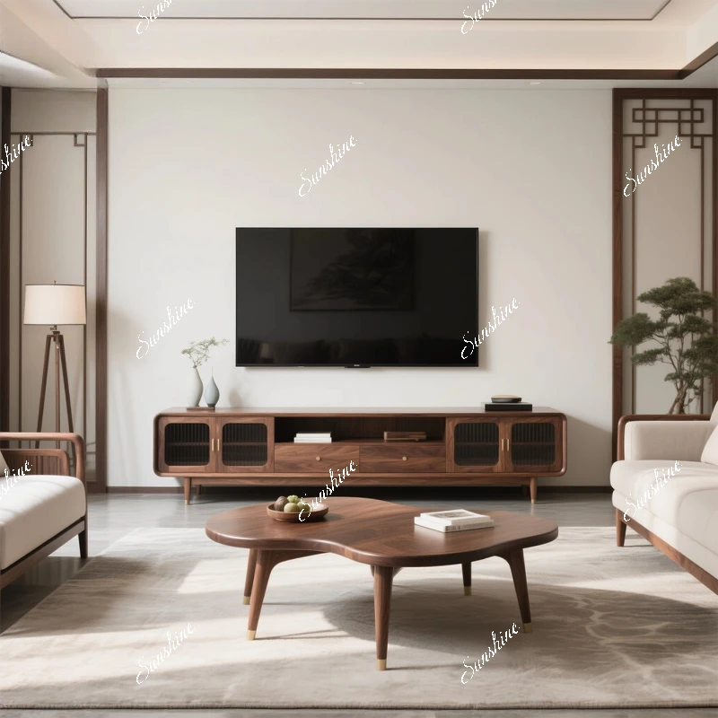 

New Chinese style full solid wood living room coffee table TV cabinet simple modern villa hotel club furniture