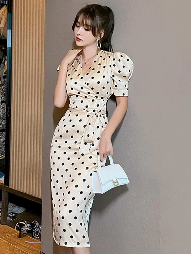 Summer Vintage Elegant Midi Dress donna Satin Polka Dot Puff Sleeve Belt Package Hip fessura Robe Office Party Street Vestido Mujer