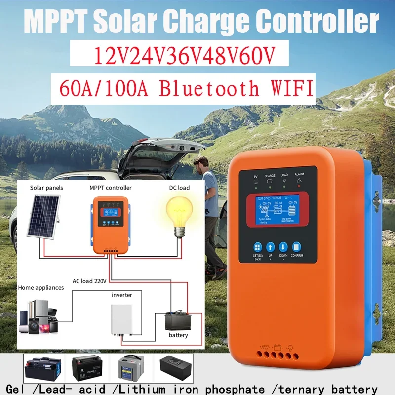 60A/100A Bluetooth WIFI Solar Controller 12V24V36V48V60V Charging MPPT Controller LCD Display for Lifepo4 Lithium GEL Lead Acid