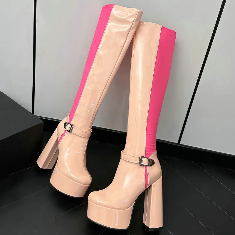 

Patent Leather Pink Rose Mixed Color Patchwork Zip Up Block High Heels Winter Shoes For Women Platform Western Knee High Boots