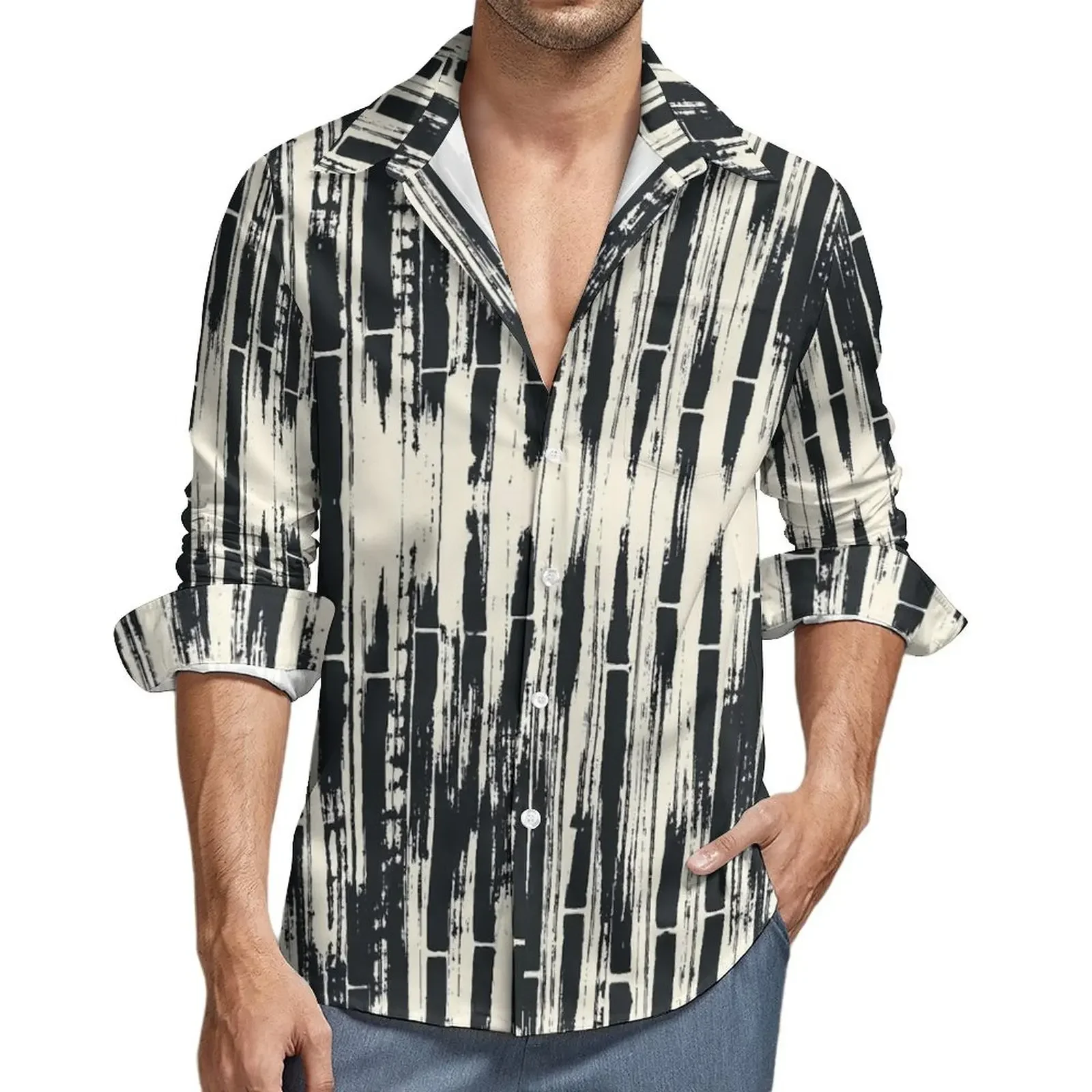 Chemise à manches longues à revers boutonné texturé pour hommes, chemisiers décontractés confortables, vêtements cool, noir, printemps