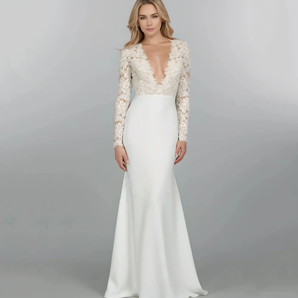 

Элегантные свадебные платья с глубоким V-образным вырезом по индивидуальному заказу, кружевные свадебные платья русалки с длинными рукавами, роскошное платье невесты Vestido De Novia