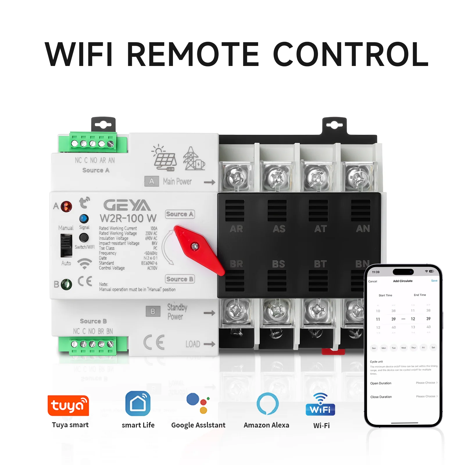 GEYA WIFI Smart ATS 4P 230V AC Dual Power Automatic Transfer Switch Uninterrupted Remote Control System PV/Inverter 63A 100A