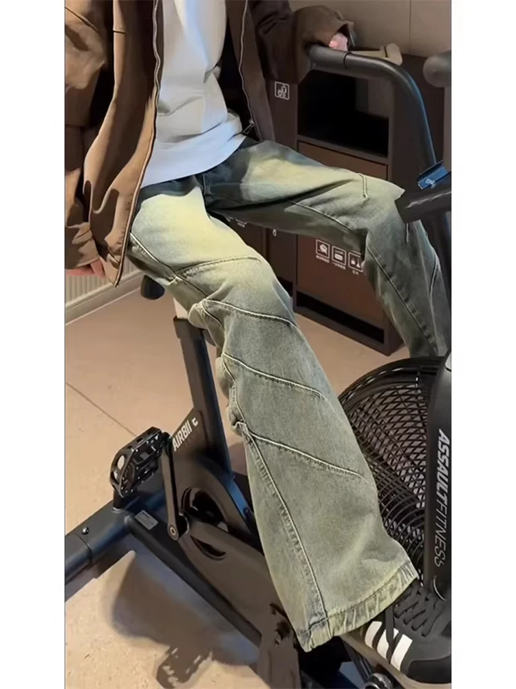 American Retro Blue Pleated Flared Jeans Men's Design Sense Cool Straight Leg Jeans High Street Vibe Slimming Jeans