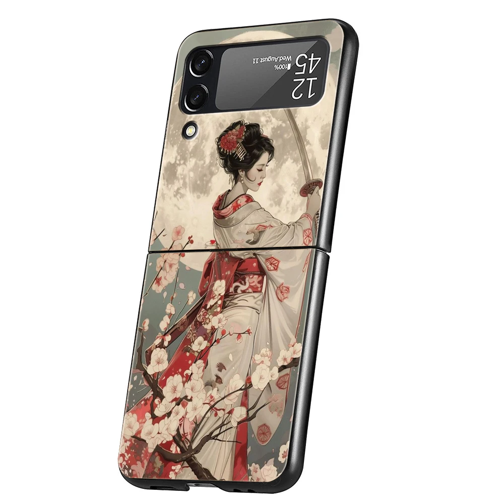 Samurai Warrior Geisha Hard PC Phone Case For Samsung Galaxy Z Flip 6 5 4 Black Cover For Galaxy Z Flip 3 Foldable Shockproof