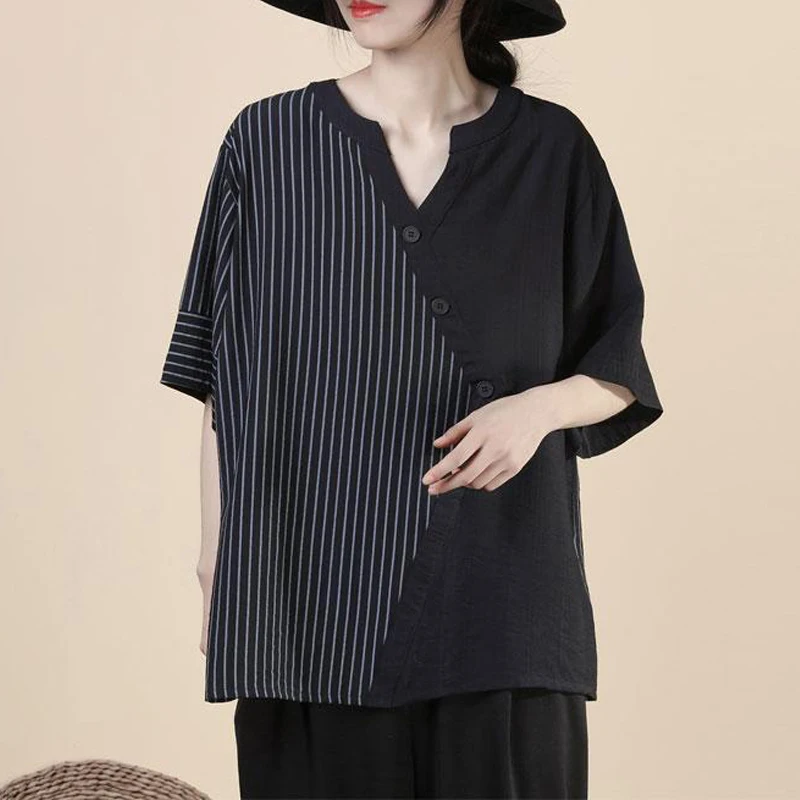 Women Striped Patchwork Streetwear Oversized Asymmetrical Shirts Summer Trendy V Neck Short Sleeve Blouse Casual Linen Tops Ropa