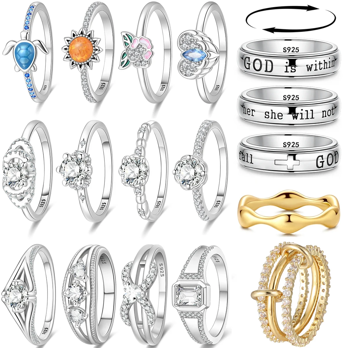 Original 925 Sterling Silver Silver Sea Turtle Sunflower Rings Star Lotus Zirconia Ring Anniversary Delicate Fine Gift Accessory