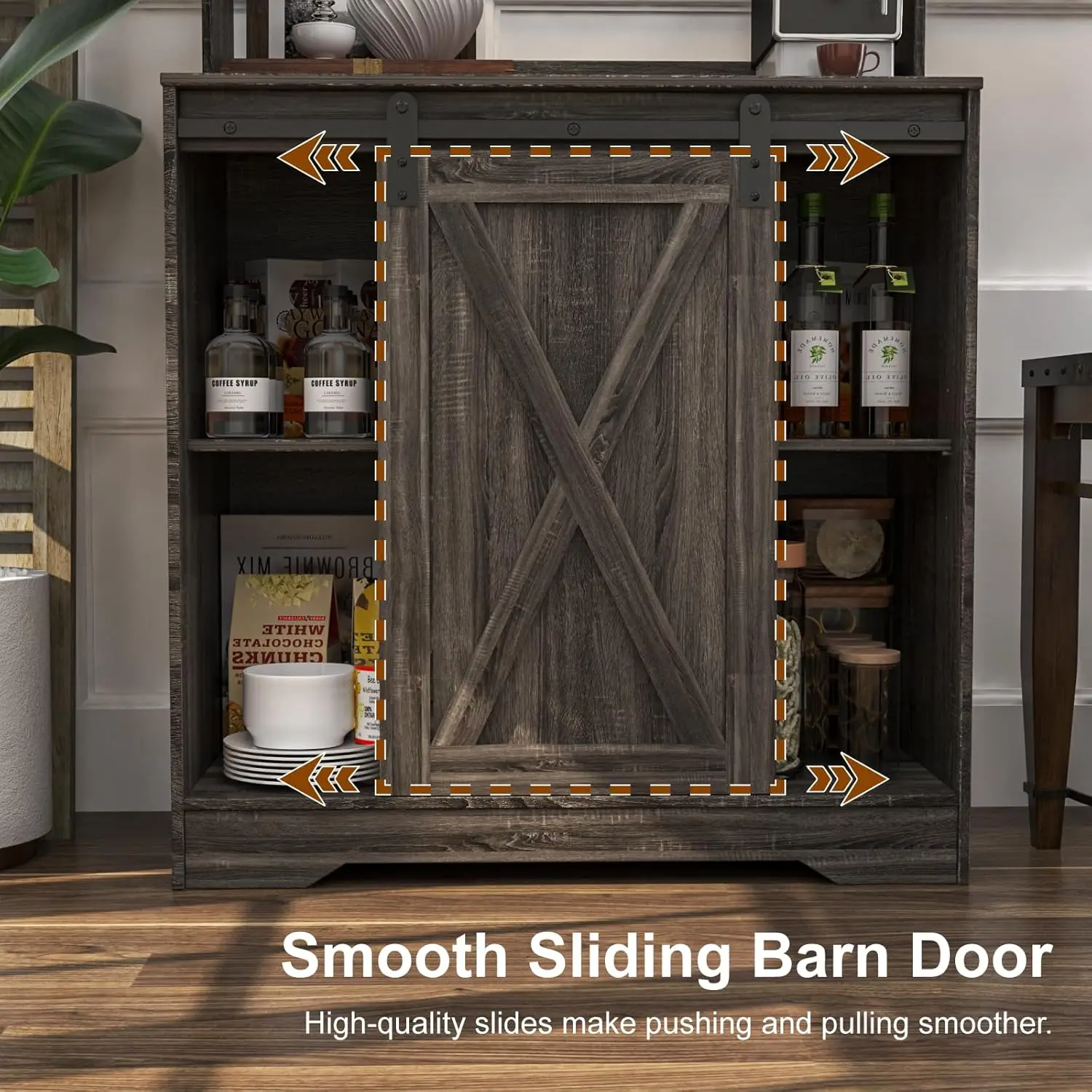 خزانة بار القهوة في المزرعة مع ضوء LED، رف خبازين مقاس 55 بوصة مع مساحة تخزين، وخزانة قهوة كبيرة مع 6 خطافات ومنزلق B