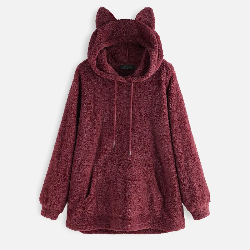 Eur-us Fashion Keep Warm Coral Flannel Winter Women's Hoodies Harajuku Cute Cat Ears Grey Sweatshirt Oversized Pullover Female