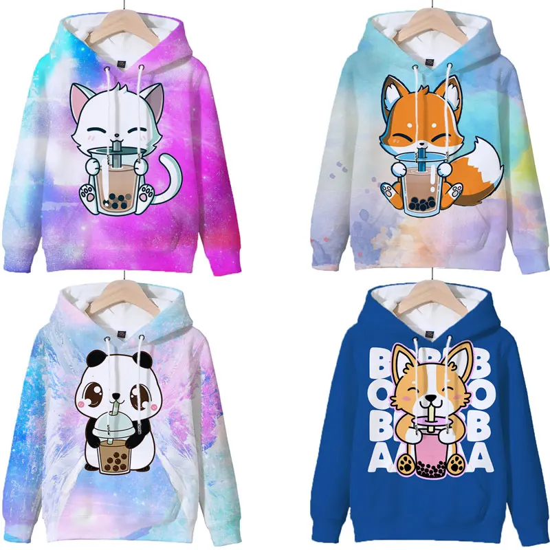 Gato dos desenhos animados boba chá hoodie moletom com capuz animais 3d impressão hoodies crianças kawaii pullover topos casuais sudadera crianças roupas